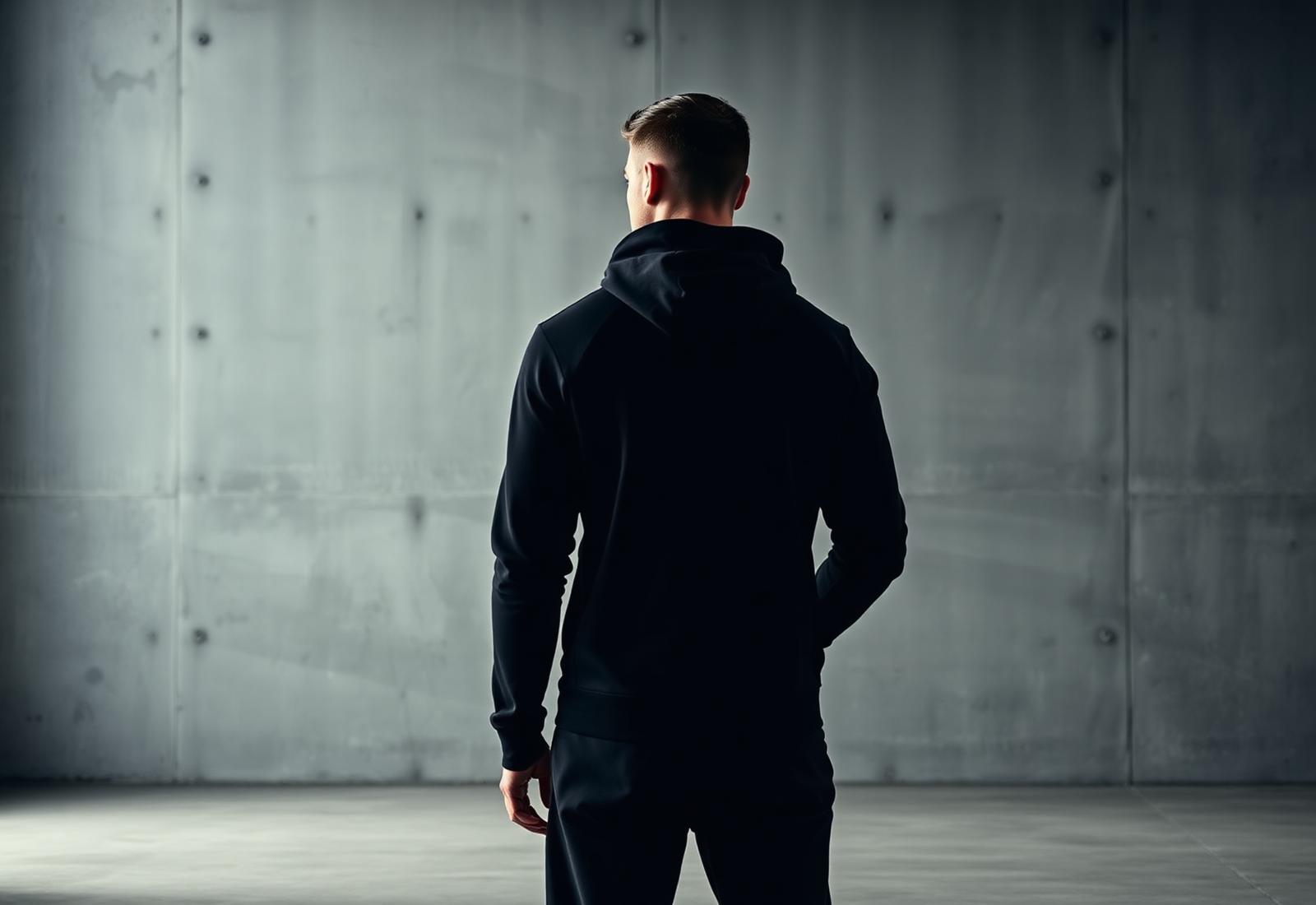 A member in premium black SWING apparel — concrete architectural space